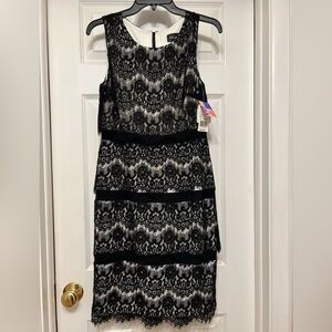NWT: Xscape Black & White Lace Midi Dress